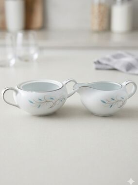 Hira Japan Mid Century Modern Fine China Creamer & Sugar Set Blue Platinum White